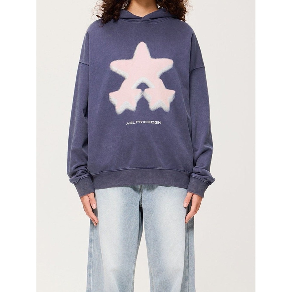 Aelfric Eden Washed Blue Star Graphic Oversized Hoodie M